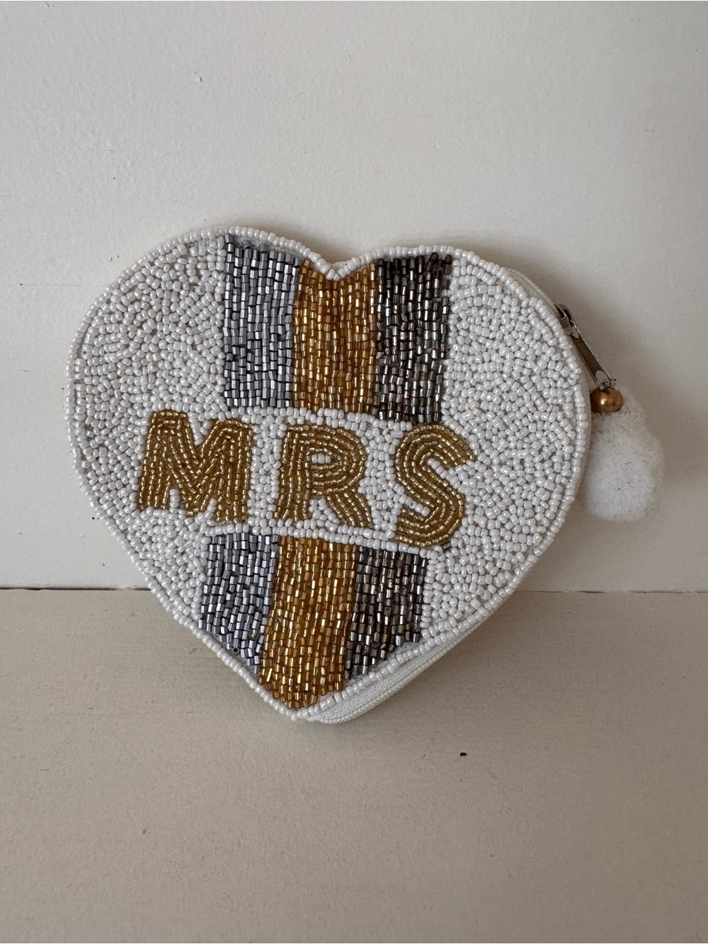 Beaded Heart Coin Purse - "MRS" in Gold